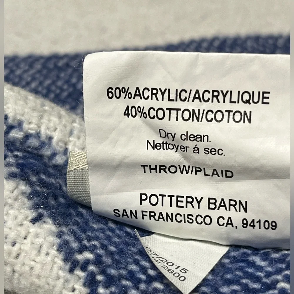 Pottery Barn Navy and Ivory PLAID FRINGE, TASSLE Throw, COTTAGECORE, 76X52